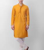 Yellow cotton fabric smart sequins work festive wear indian traditional look men's kurta