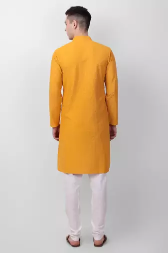 Yellow cotton fabric smart sequins work festive wear indian traditional look men's kurta