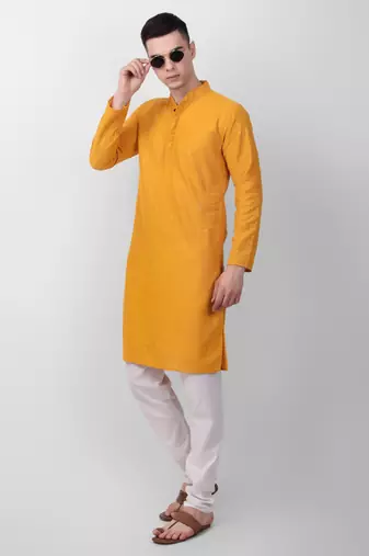 Yellow cotton fabric smart sequins work festive wear indian traditional look men's kurta