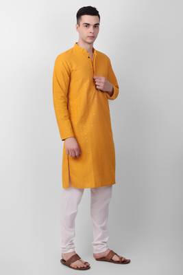 Yellow cotton fabric smart sequins work festive wear indian traditional look men's kurta 4