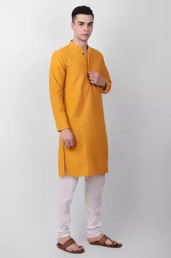 Yellow cotton fabric smart sequins work festive wear indian traditional look men's kurta