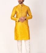 Indian ethnic yellow colour mirror work art silk kurta pajama set for men festive rooted looks