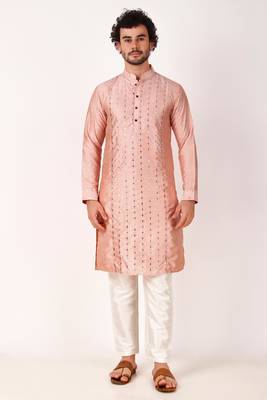 Indian ethnic pink colour mirror work art silk kurta pajama set for men festive rooted looks 1