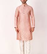 Indian ethnic pink colour mirror work art silk kurta pajama set for men festive rooted looks