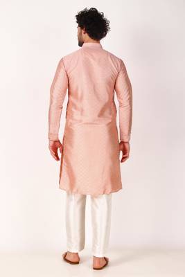 Indian ethnic pink colour mirror work art silk kurta pajama set for men festive rooted looks 2