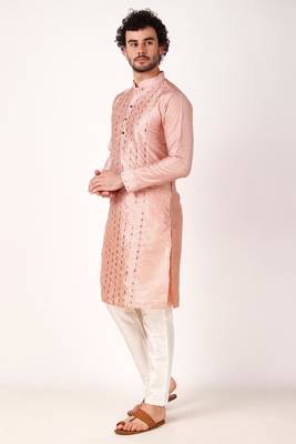 Indian ethnic pink colour mirror work art silk kurta pajama set for men festive rooted looks 3