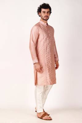 Indian ethnic pink colour mirror work art silk kurta pajama set for men festive rooted looks 4