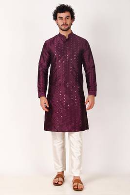 Indian ethnic purple colour mirror work art silk kurta pajama set for men festive rooted looks 1