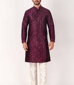 Indian ethnic purple colour mirror work art silk kurta pajama set for men festive rooted looks