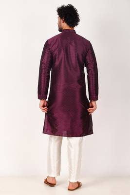 Indian ethnic purple colour mirror work art silk kurta pajama set for men festive rooted looks 2