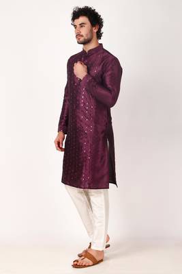 Indian ethnic purple colour mirror work art silk kurta pajama set for men festive rooted looks 3