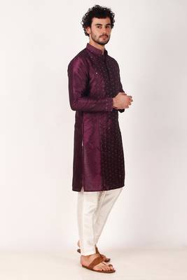 Indian ethnic purple colour mirror work art silk kurta pajama set for men festive rooted looks 4
