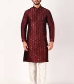 Indian ethnic maroon colour mirror work art silk kurta pajama set for men festive rooted looks