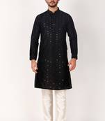 Indian ethnic black colour mirror work art silk kurta pajama set for men festive rooted looks