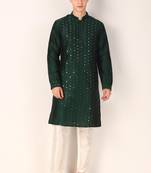 Graceful green colour khadi silk kurta pajama with designer mirror embroidery work for men's festive looks