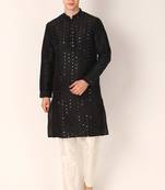 Graceful black colour khadi silk kurta pajama with designer mirror embroidery work for men's festive looks
