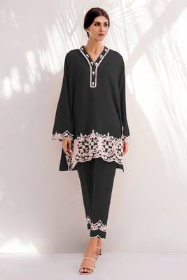 Smart and trendy black colour chanderi fabric top botom set with classy resham embroidery work formal dress 1