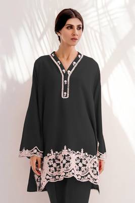 Smart and trendy black colour chanderi fabric top botom set with classy resham embroidery work formal dress 2