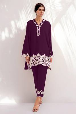 Smart and trendy wine colour chanderi fabric top botom set with classy resham embroidery work formal dress 1