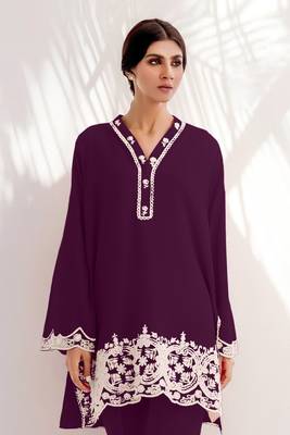 Smart and trendy wine colour chanderi fabric top botom set with classy resham embroidery work formal dress 2