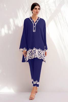 Smart and trendy blue colour chanderi fabric top botom set with classy resham embroidery work formal dress 1
