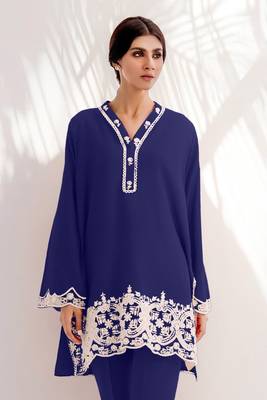 Smart and trendy blue colour chanderi fabric top botom set with classy resham embroidery work formal dress 2