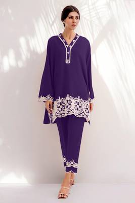Smart and trendy lavender colour chanderi fabric top botom set with classy resham embroidery work formal dress 1