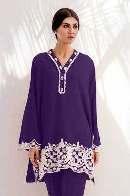 Smart and trendy lavender colour chanderi fabric top botom set with classy resham embroidery work formal dress 2
