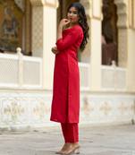 Women's red rayon embroidered straight kurta with rayon pant and organza printed dupatta sets