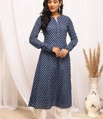 Blue colour beautiful abstract printed graceful long kurti for festive looks