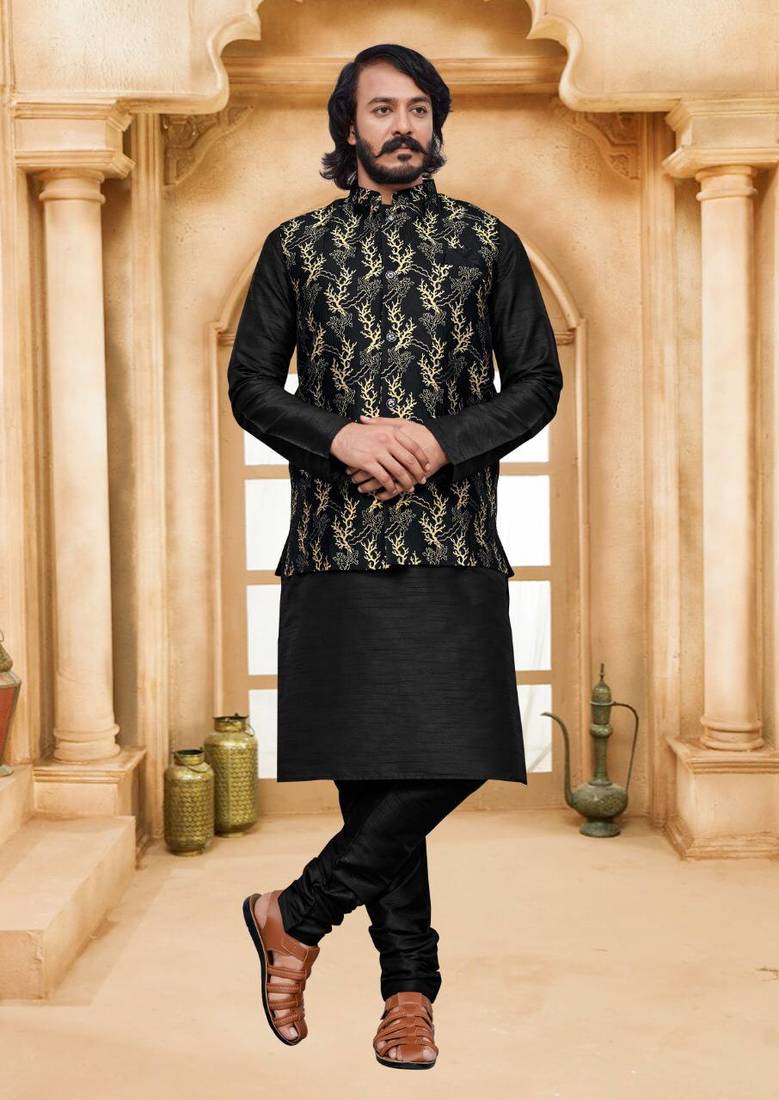 Black jackard party wear kurta pajama with jacket Dishani