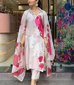 Women's white natural crepe embroidered and printed straight kurta with rayon pant and organza dupatta sets