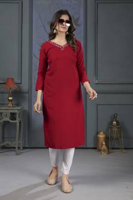 Maroon colour hand with pocket kurti on cotton for formal looks 1