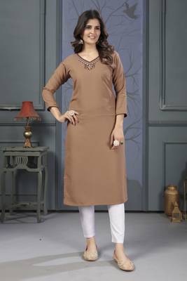 Beige colour hand work with pocket kurti on cotton fabric for formal looks 1