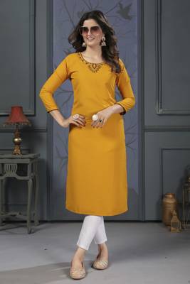 Yellow colour hand with pocket kurti on cotton for formal looks 1
