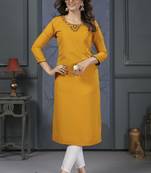 Yellow colour hand work with pocket kurti on cotton fabric for formal looks