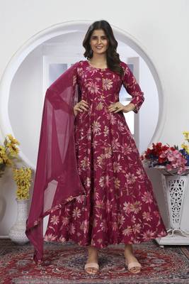 Burgundy colour printed with hand chanderi partywear festive long kurti with dupatta 1