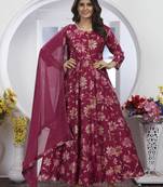 Burgundy colour printed with hand work chanderi embroidered partywear festive long kurti with dupatta