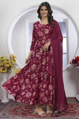 Burgundy colour printed with hand chanderi partywear festive long kurti with dupatta 3