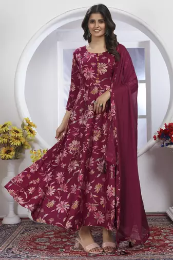 Burgundy colour printed with hand chanderi partywear festive long kurti with dupatta