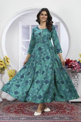 Sea green colour printed with hand rayon partywear festive long kurti with dupatta 1