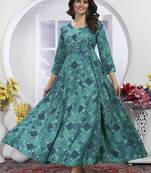 Sea green colour printed with hand work rayon fabric partywear festive long kurti with dupatta