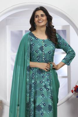 Sea green colour printed with hand rayon partywear festive long kurti with dupatta 3