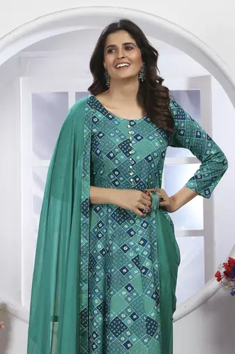 Sea green colour printed with hand rayon partywear festive long kurti with dupatta