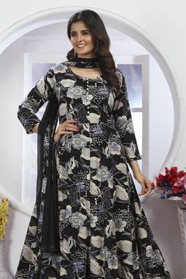 Black colour printed with hand rayon partywear festive long kurti with dupatta 1