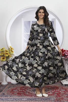 Black colour printed with hand rayon partywear festive long kurti with dupatta 3