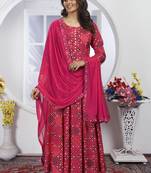 Pink colour printed with hand work rayon fabric partywear festive long kurti with dupatta