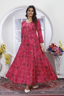 Pink colour printed with hand rayon partywear festive long kurti with dupatta 3