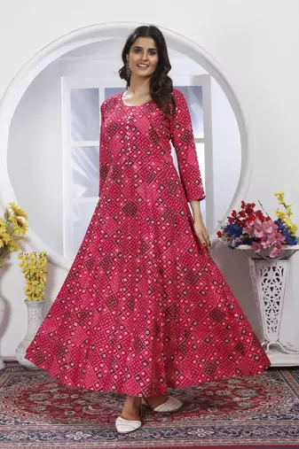 Pink colour printed with hand rayon partywear festive long kurti with dupatta