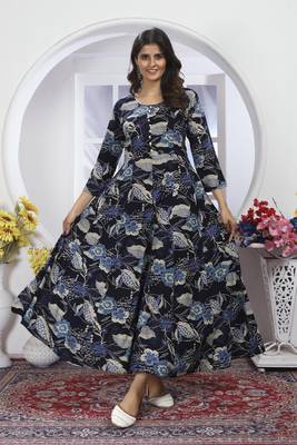 Black colour printed with hand rayon partywear festive long kurti with dupatta 1
